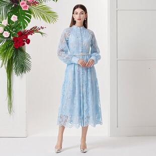 法式 长裙 气质优雅通勤风刺绣蕾丝大摆连衣裙名媛明星走秀礼服大码