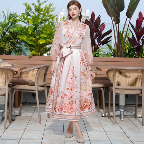 欧式宫廷风花卉印花v领连衣裙女法式英伦风灯笼袖大码过膝中长裙