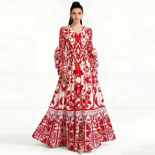 拍照好看很仙的大摆连衣裙长裙名媛明星长袖收腰大码裙显瘦礼服裙