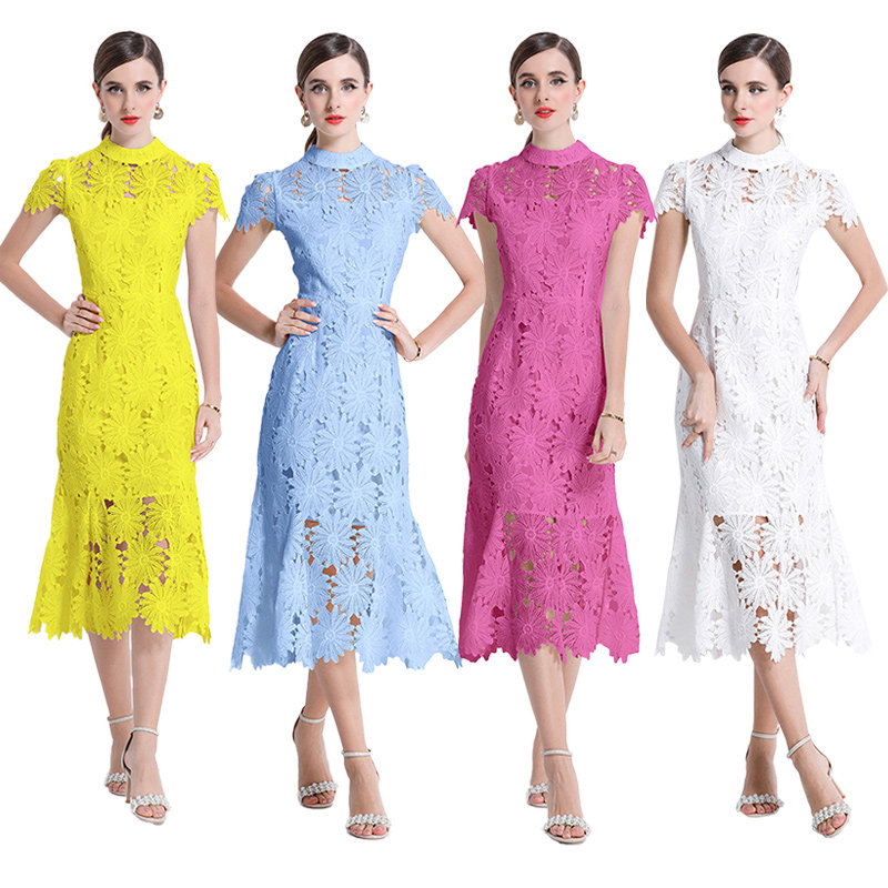 气质名媛甜美风镂空蕾丝连衣裙女夏修身收腰鱼尾裙大码优雅礼服裙