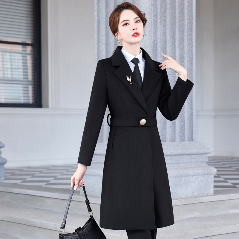 大圆扣腰带女士秋冬毛呢大衣珠宝首饰服务员前台工装加棉修身雅致