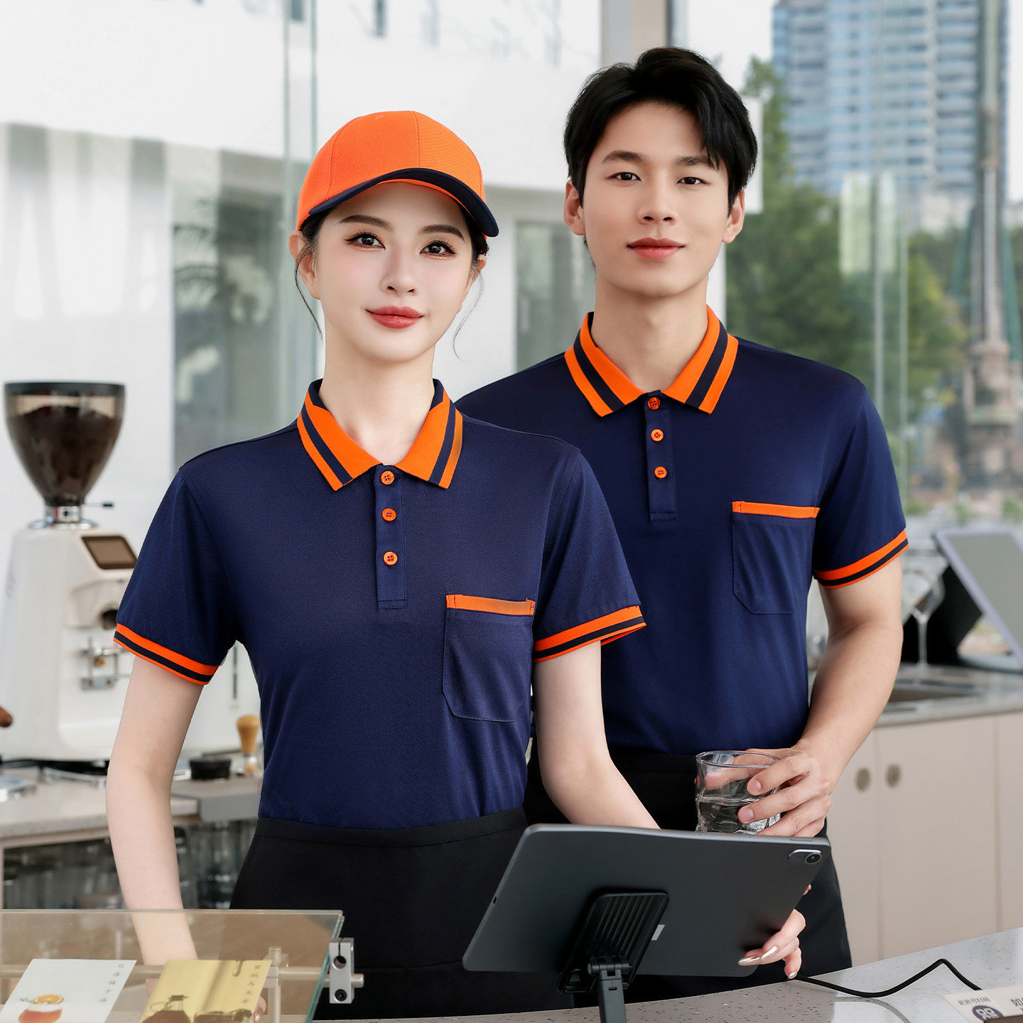 酒店茶楼服务员工作服T恤半袖夏季男女定制厨房食堂餐厅烧烤火锅