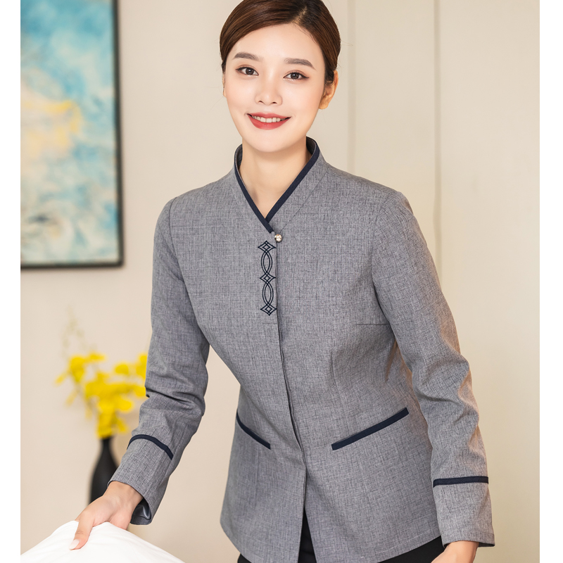 酒店客房保洁工作服女长袖立领灰色职业装清洁阿姨制服