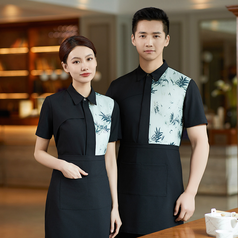 雅竹服务员工作服半袖衬衣夏半男女中国风茶楼宴会酒店餐饮食堂薄