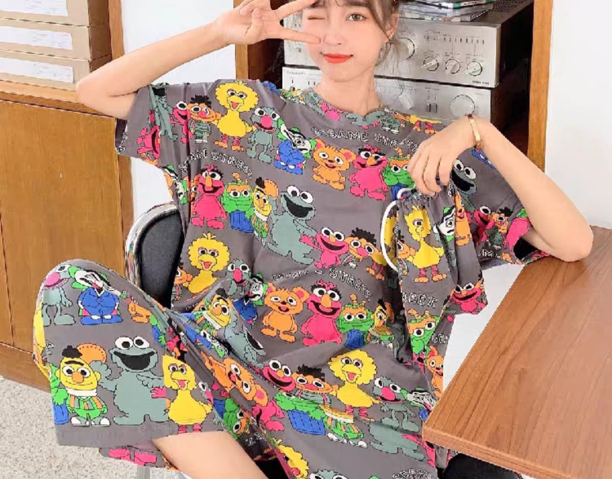 布袋芝麻街睡衣短袖九分裤纯棉薄款大码加肥卡通居家服套装女夏