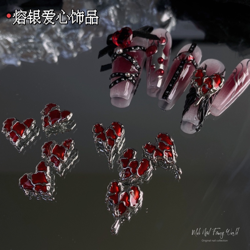 【Moli饰品】千禧辣妹yk2甜酷辣味美甲金属熔银爱心红色饰品