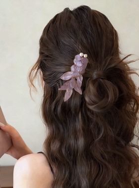 浅紫色精致锦鲤发夹头饰 侧边珍珠手工掐丝低丸子头中式日常发饰