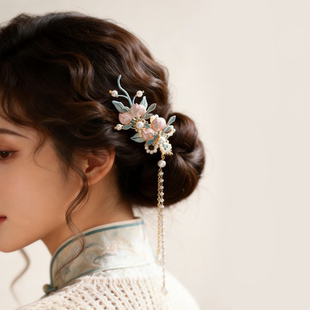 超仙唯美粉蓝色古风水蜜桃发夹流苏古典舞头饰 日常拍照中式发饰