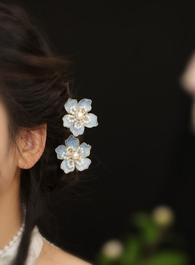u型发簪蓝色花朵点缀发饰仿绒花珍珠簪子中式国风侧边