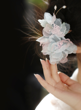 超仙粉蓝色花朵发夹女甜美气质拍照氛围感头饰宋制仙女漂亮发饰