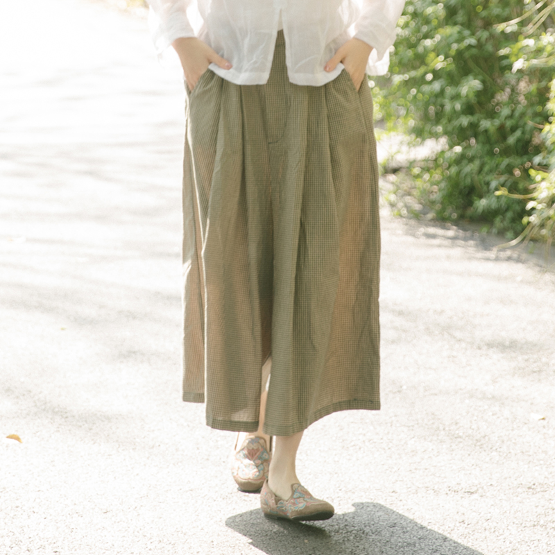 松紧腰阔腿裤细格裙裤休闲裤