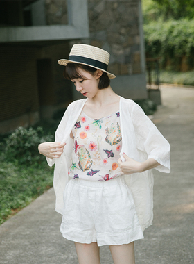 轻薄苎麻白色系扣小上衣宽松衬衫文艺小衫中长款防晒开衫女夏季