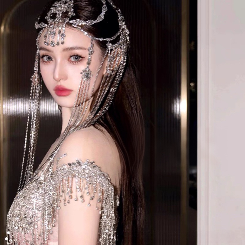 新娘高级感婚纱结婚公主流苏珍珠锆石头饰发饰异域风情额链头链