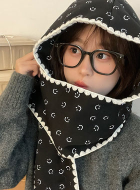 韩版设计款可爱甜美猫咪围巾帽子一体女冬季百搭高级感仿羊绒围脖