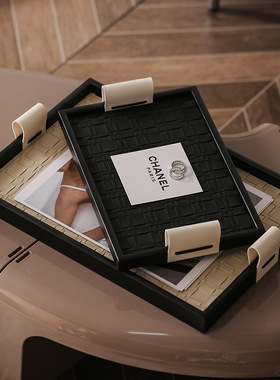 轻奢首饰玄关收纳盘子中古档黑色皮革香薰托盘法式样板房饰品摆件