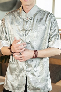 春夏新款风绸缎提花冰丝立领汉服唐装休闲大码短袖SY03-P55图片