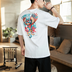 风后背四神兽青龙印花T恤男夏季棉短袖 QT4011-T07朱雀-P40图片