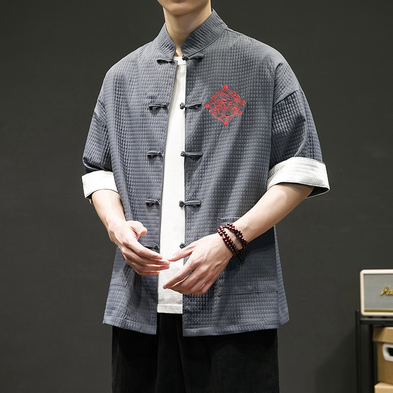 刺绣麒麟风盘扣中式立领百搭衬衣夏休闲上衣复古SY02-65,男装衬衫,星座301D-2(原钱塘4011)