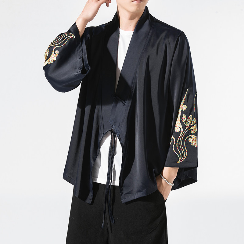 秋季汉元素休闲斜襟汉服上衣刺绣大码茶服外套复古风唐装Y13-P50,男装民族服装,星座301D-2(原钱塘4011)