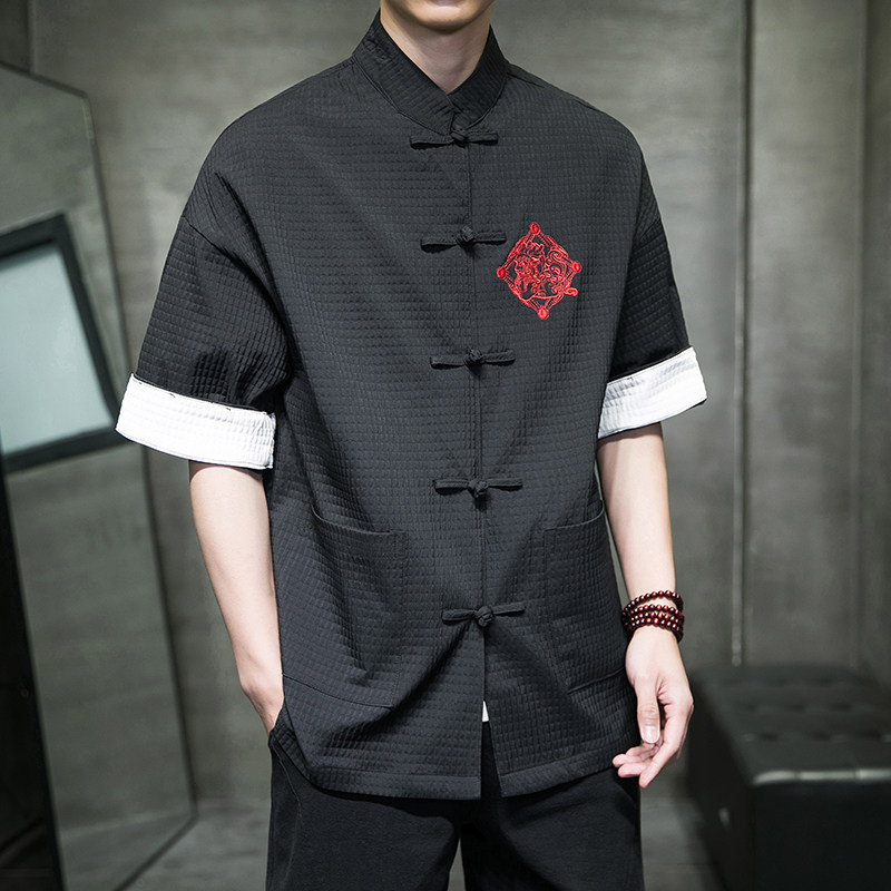唐装男士盘扣中式立领百搭衬衣夏休闲上衣复古七分袖衬衫-SY12-65图片