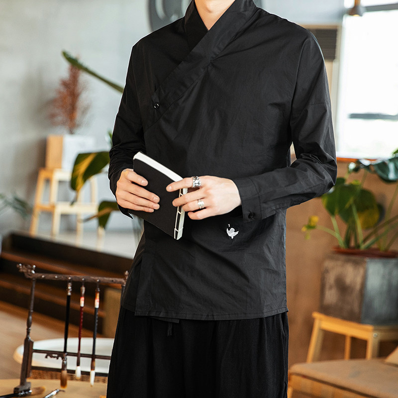 仙鹤刺绣男改良汉服男士唐装打底衫大码内搭元素中式长袖衬衫上衣，男装衬衫，星座301D-2(原钱塘4011)