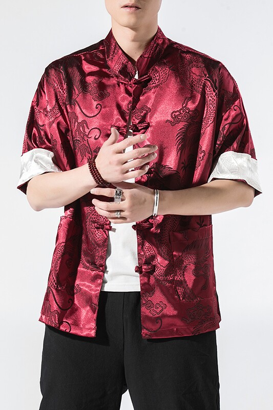 春夏新款风绸缎提花冰丝立领汉服唐装休闲大码短袖SY03-P55,男装衬衫,星座301D-2(原钱塘4011)