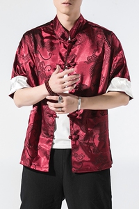 春夏新款风绸缎提花冰丝立领汉服唐装休闲大码短袖SY03-P55图片