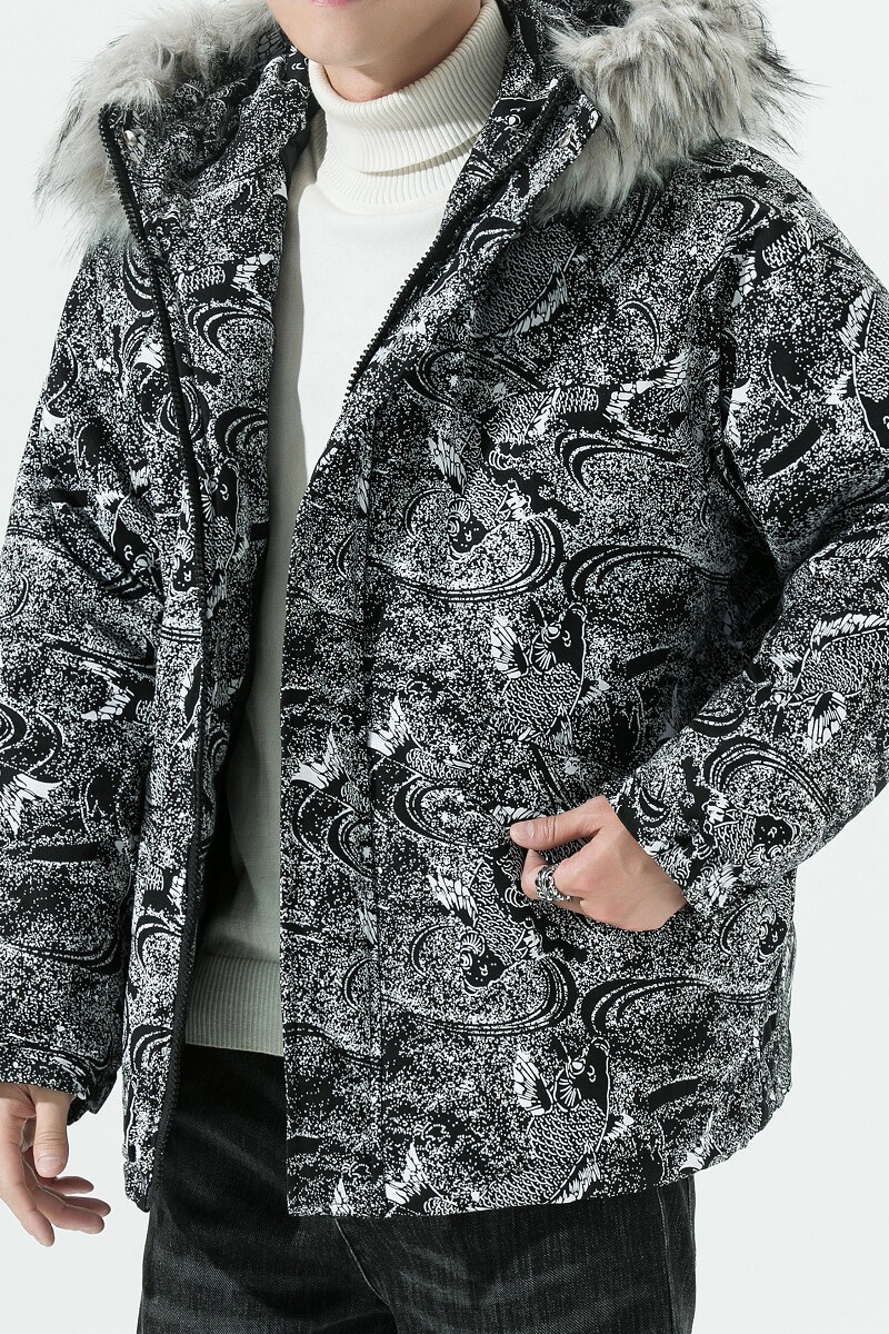 锦鲤鱼印花毛领连帽宽松棉衣男女生棉服外套棉袄-M66-P130大货,男装棉衣,星座301D-2(原钱塘4011)