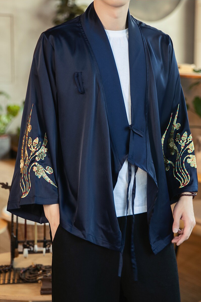 秋季汉元素休闲斜襟汉服上衣刺绣大码茶服外套复古风唐装Y13-P50,男装民族服装,星座301D-2(原钱塘4011)