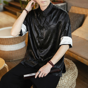 春夏新款风绸缎提花冰丝立领汉服唐装休闲大码短袖SY03-P55图片