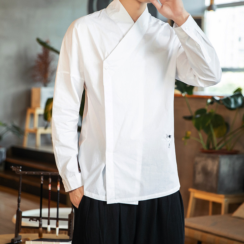 风学生中性时尚衬衫交领轻奢改良汉服元素打底上衣-C303-P70,男装衬衫,星座301D-2(原钱塘4011)