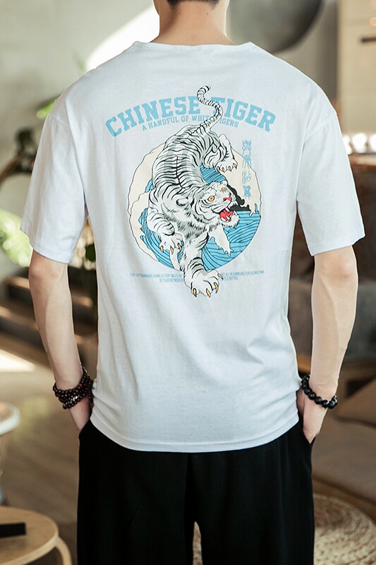 夏季风后宽松神兽印花T恤男夏季棉短袖QT4011-T08白虎-P40,男装T恤,星座301D-2(原钱塘4011)