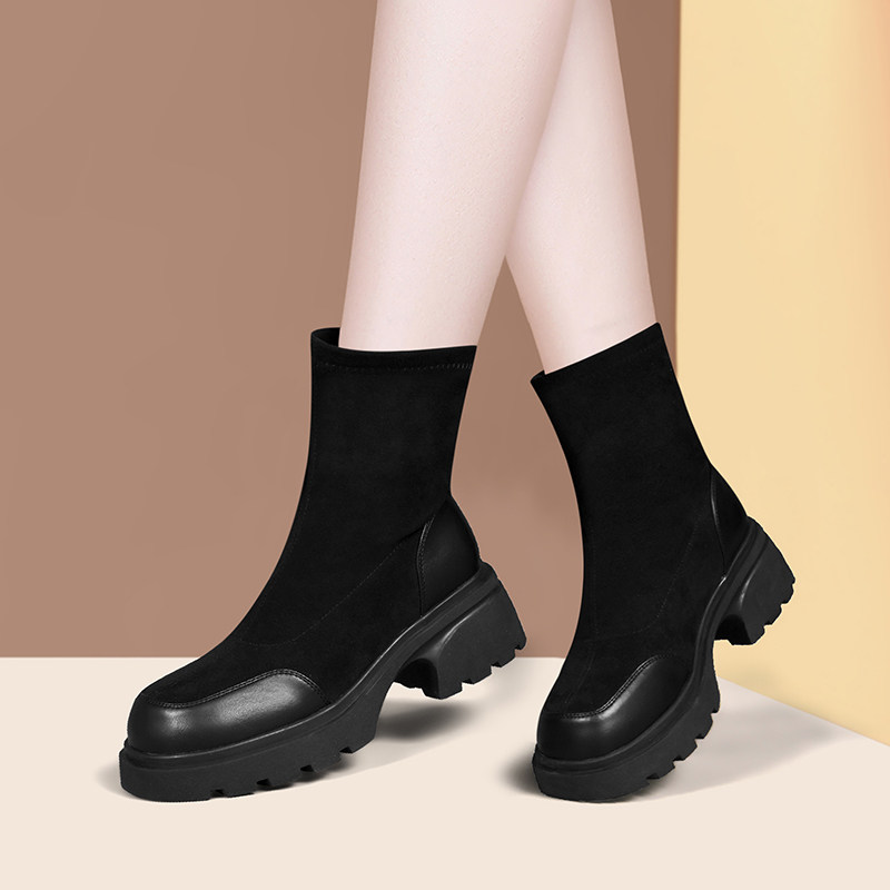 真皮弹力靴子女款袜靴2025新款冬季加绒棉鞋英伦风马丁靴粗跟短靴