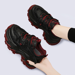 黑色老爹鞋女款2025新款春秋季百搭厚底休闲运动鞋冬款加绒小黑鞋