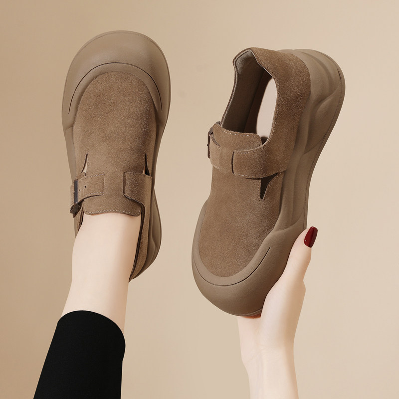 复古平底勃肯鞋女款春秋款2025新款软底休闲外穿全牛皮一脚蹬单鞋