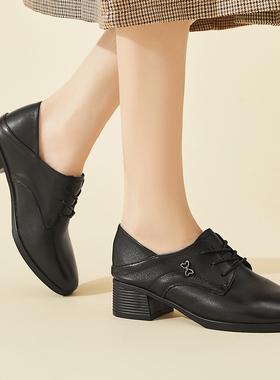 黑色深口单鞋女款英伦风2026新款春季中跟系带圆头休闲鞋中年皮鞋