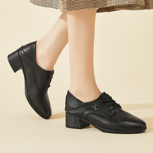 黑色深口单鞋女款英伦风2026新款春季中跟系带圆头休闲鞋中年皮鞋