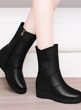 英伦风黑色真皮中筒靴女2025新款冬季加绒保暖坡跟厚底侧拉链短靴