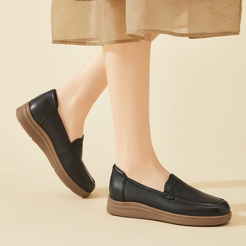 真皮乐福鞋女款2026新款春季平底黑色圆头一脚蹬软底豆豆鞋懒人鞋