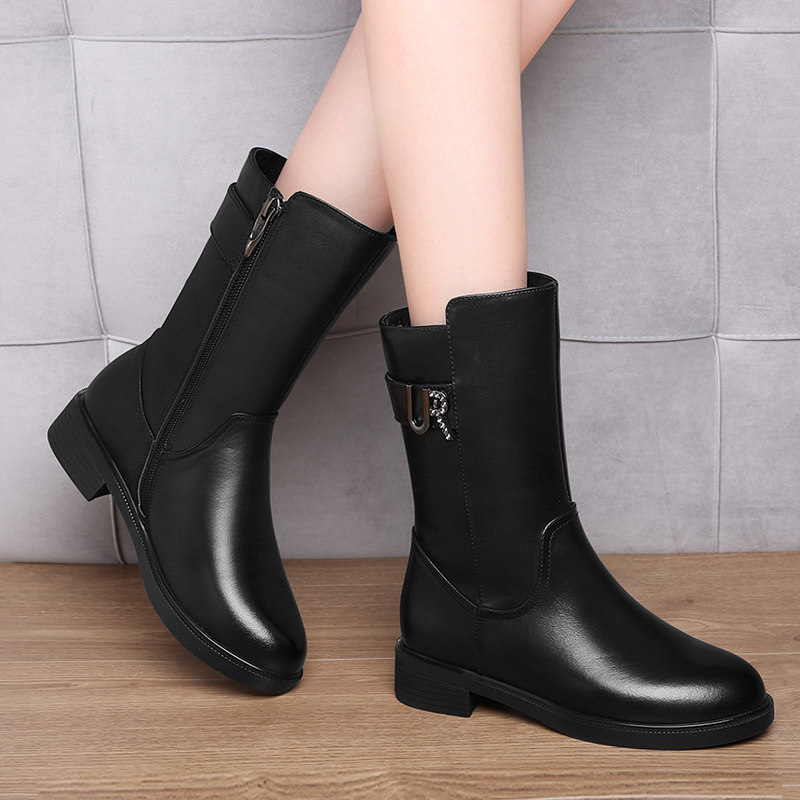 英伦风黑色中筒靴女款2025新款冬季粗跟加绒保暖马丁靴真皮机车靴