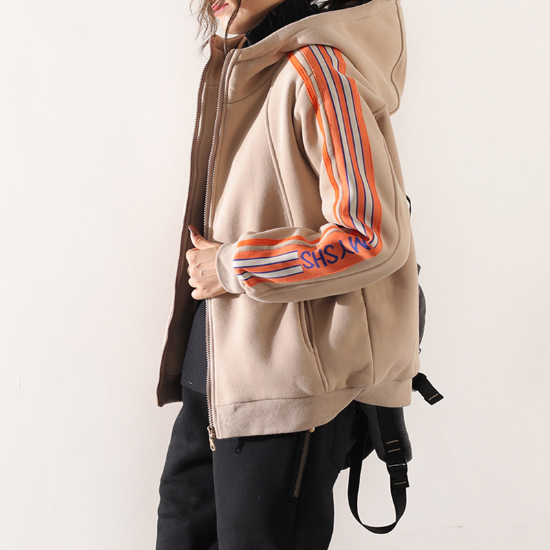 皇森休闲运动开衫女时尚韩版宽松里衬加绒保暖撞色拼接条纹短外套