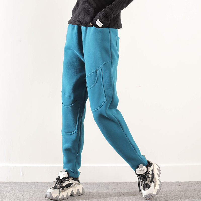 皇森冬季新款加绒加厚口袋装饰休闲裤女保暖宽松显瘦卫裤女哈伦裤