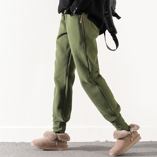 加绒加厚侧拉链保暖哈伦长裤 皇森运动休闲卫裤 宽松大码 时尚 女韩版