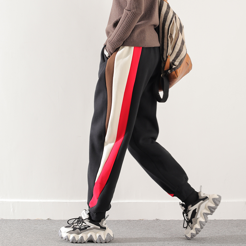 皇森冬季新款条纹拼接休闲裤