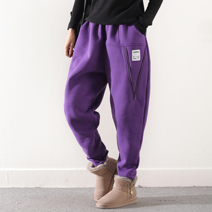 新品 皇森运动休闲卫裤 2024冬季 宽松拼接拉链加绒保暖哈伦裤 女时尚
