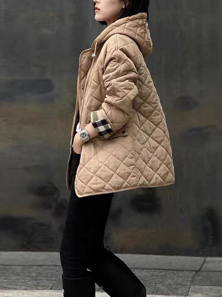 B家时尚保暖女士外套菱形格纹绗缝棉衣棉服夹克连帽