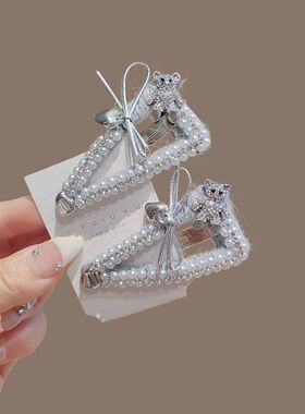 高级感灰色毛线蝴蝶结珍珠小熊水钻发夹女侧边气质刘海夹百搭bb夹