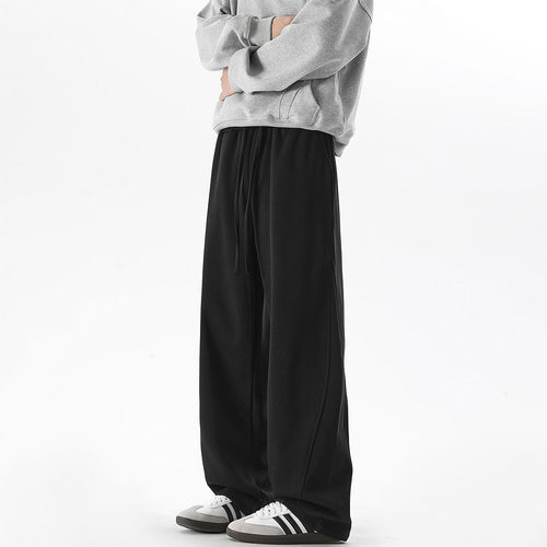 XWWF直筒加绒卫裤男秋冬季潮牌宽松休闲裤子黑色百搭垂感运动长裤