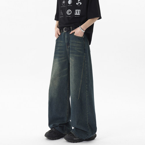 XWWF阔腿牛仔裤男2005春夏新款潮牌痞帅深蓝色宽松百搭直筒长裤子