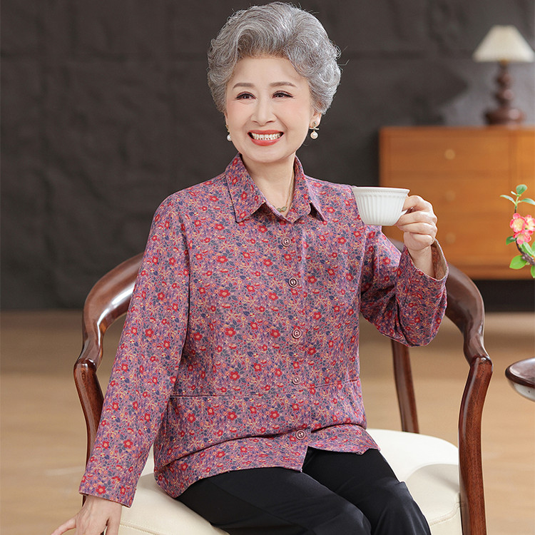 中年女装碎花衬衫长袖翻领纯棉上衣妈妈装奶奶春秋衬衣
